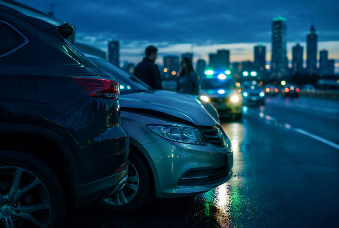 Two cars stopped on a highway after a collision with emergency lights in the background