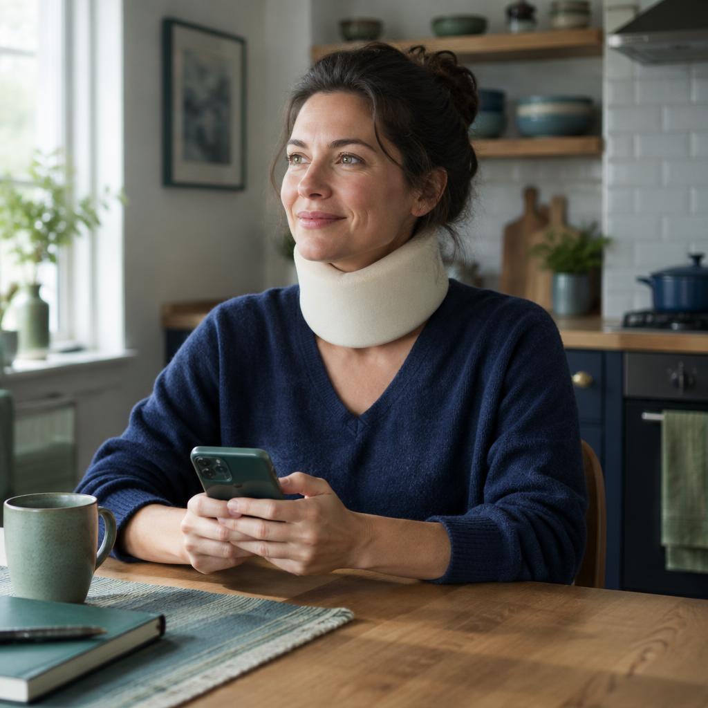 Injured woman in a neck brace holding her phone, relieved after speaking with an attorney